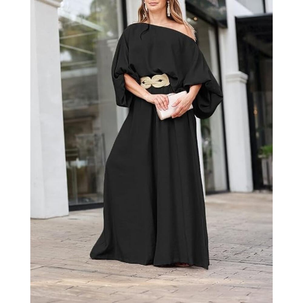 CHICME Women 2 Piece Outfit Off Shoulder Flowy Wide Leg Pants Set, Black, XXL - Picture 2 of 6